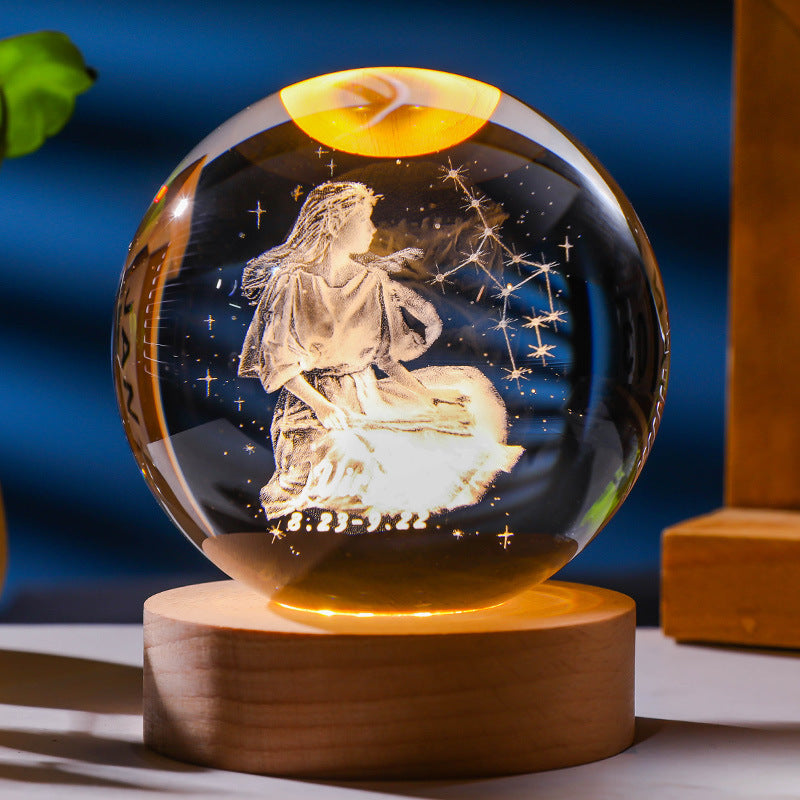 3D Constellation Crystal Ball Night Light Laser Engraved Birthday Gift Glass Sphere Home Desktop Decoration With Wooden USB Base