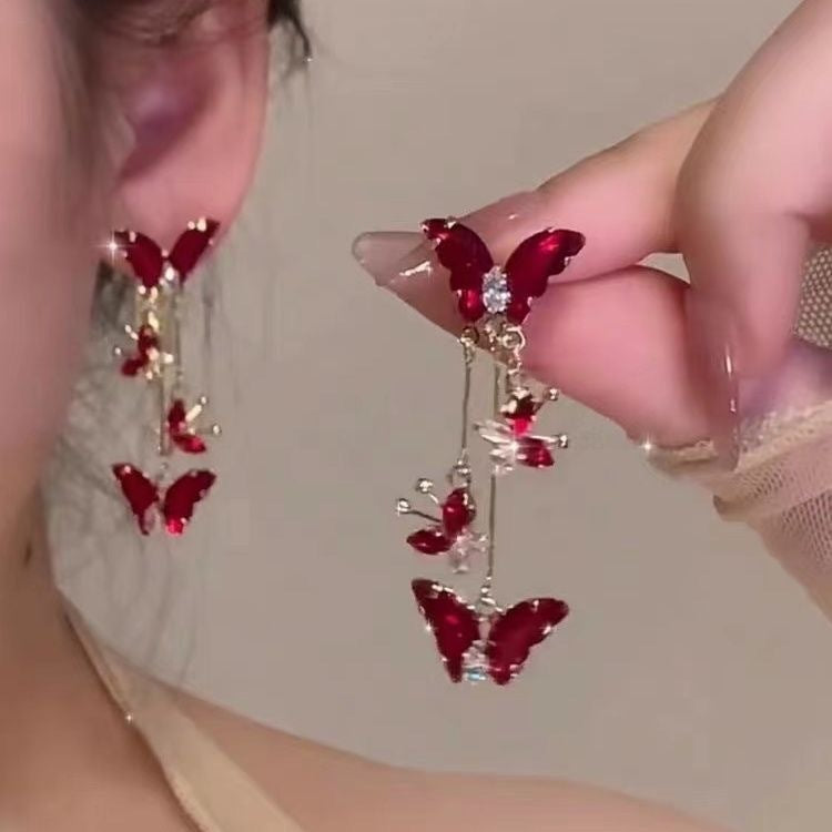 Fashion Red Butterfly Earrings Women's Long