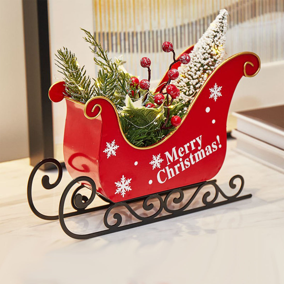 Christmas Decoration Metal Sleigh With Christmas Tree LED Lights Home Xmas Desktop Ornament 2024 New Year Gift For Kids