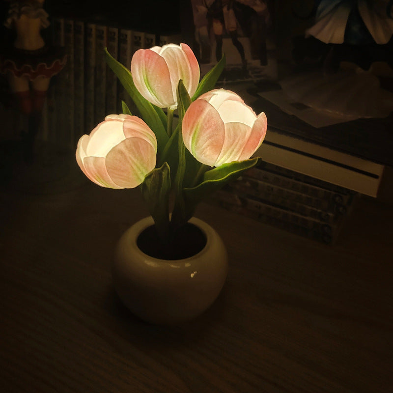 LED Tulip Night Light Simulation Flower Table Lamp Home Room Decoration Atmosphere Lamp Romantic Potted Gift For Office LED Lights