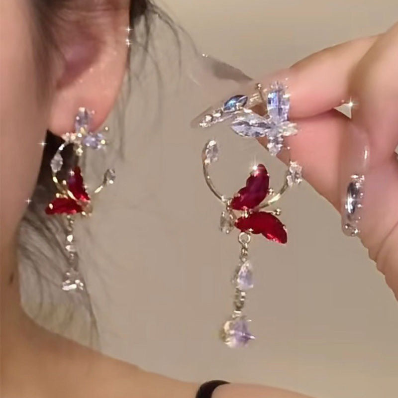 Fashion Red Butterfly Earrings Women's Long