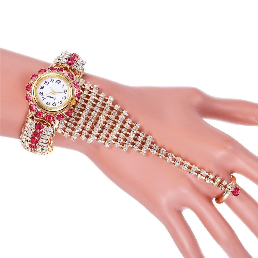 Trendy Ladies Full Diamond Claw Chain Ring Set Watch Fashion Ladies Watch