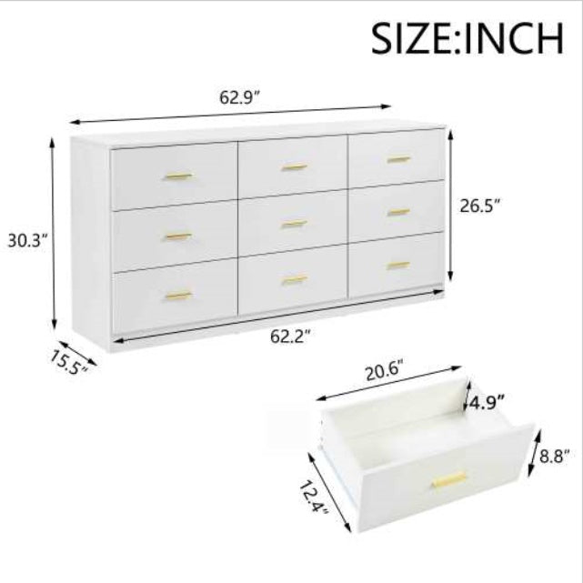 Modern White 9-Drawer Dresser For Bedroom - Ample Storage Wide Chest Of Drawers, Sturdy Safe