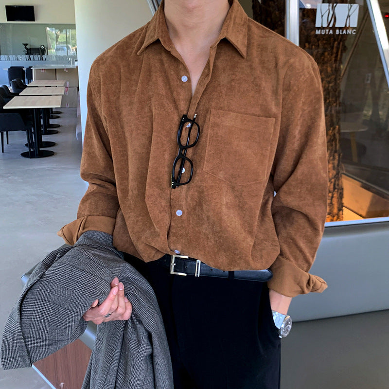 MYQ Corduroy Vintage Long Sleeve Shirt Men's Clothing