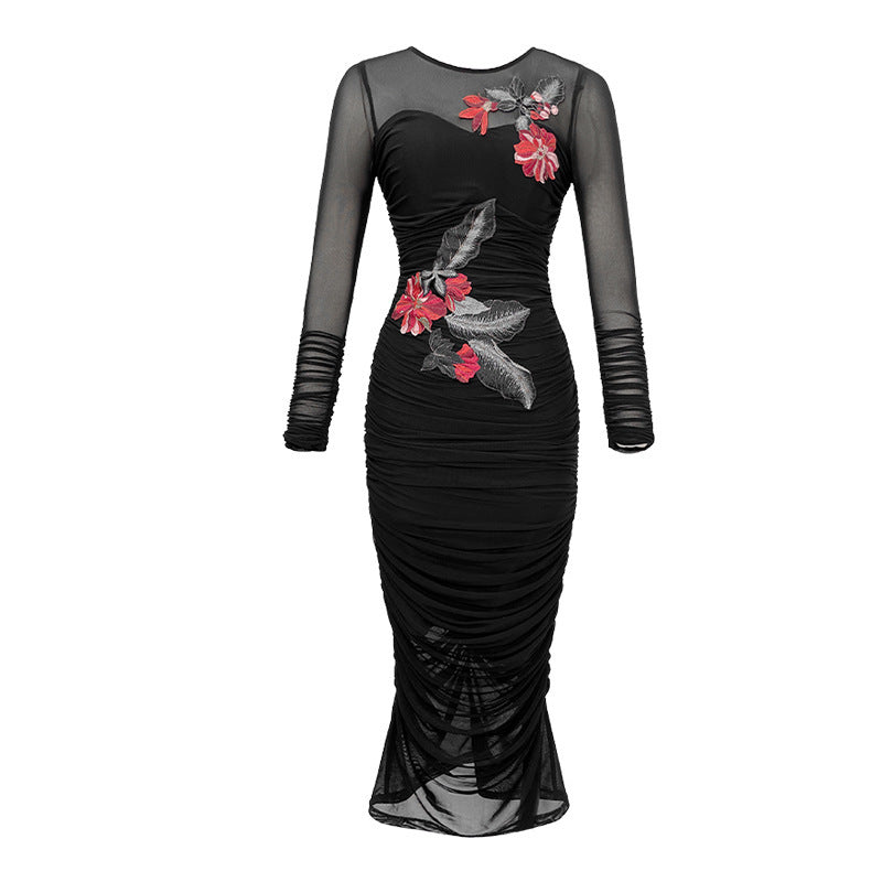 Women's French Embroidery Mesh Slim Fit Dress