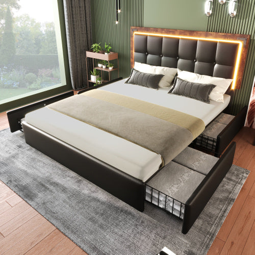 PU Belt, LED Strip And Bed Frame With 4 Drawers