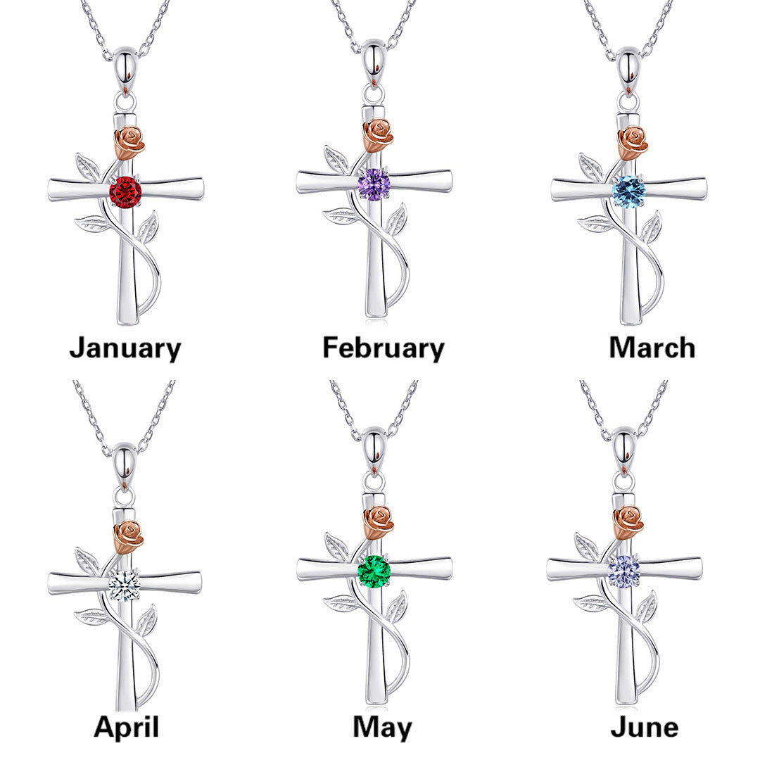 Rose Cross Necklace With Rhinestone Fashion Personality 12 Month Birthstones Pendant Necklace For Valentine's Day Birthday Gift