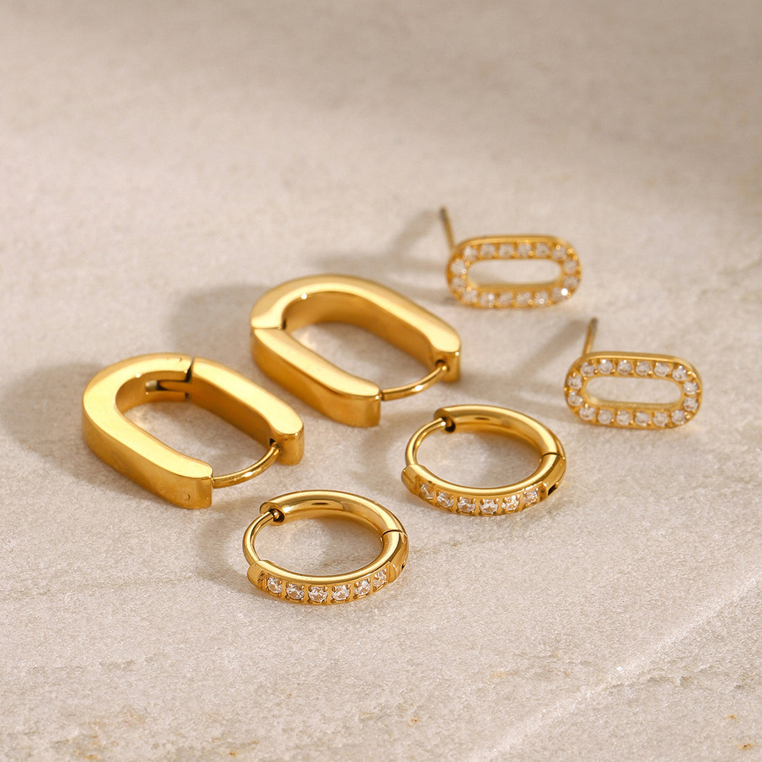 Three Pairs Of Stainless Steel Circle Rhinestone Earrings High Sense