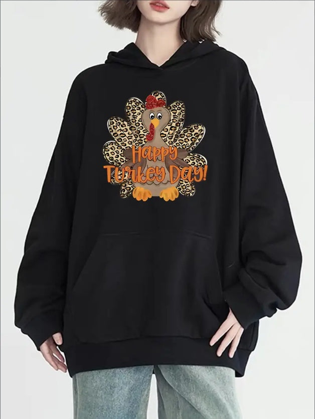 Women's Fashion Thanksgiving Turkey Print Hoodie, Long Sleeve, Casual Solid Color Sweatshirt With Hood,All-Season Comfort, Pocket Detail