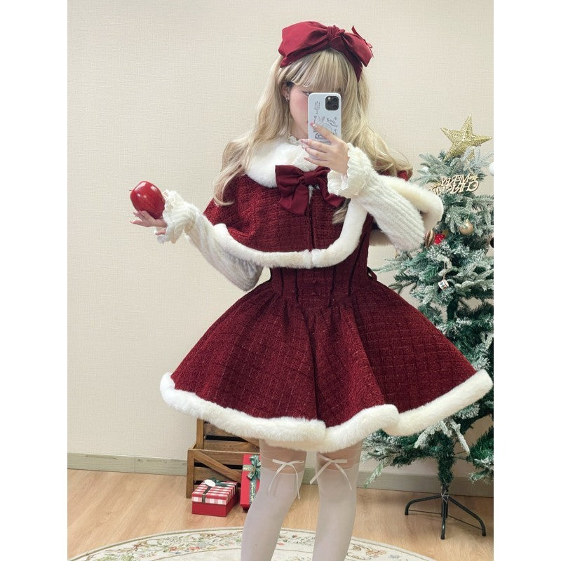 Christmas New Year Red Battle Robe Bow Cape Coat Knitted Top