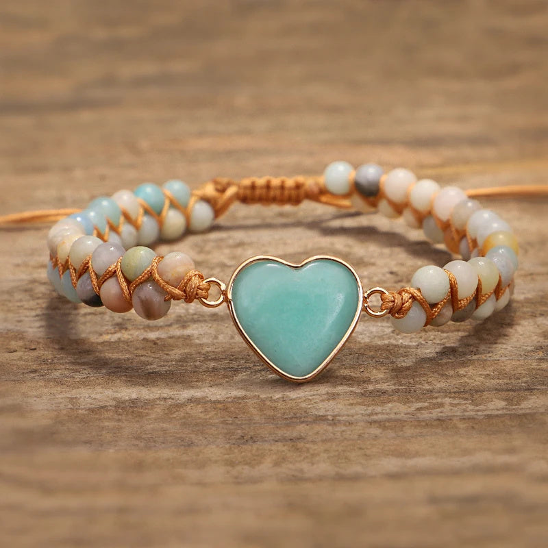 Classic Heart Shape Charm Bracelets Amazonite String Braided Macrame Wristband Teengirls Wrap Bracelet Femme Women Jewelry