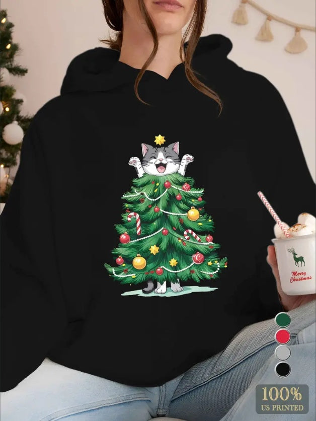 Cozy Christmas Cat Hoodie For Women - Casual Machine Washable - Perfect For Fall Winter, Best For Christmas