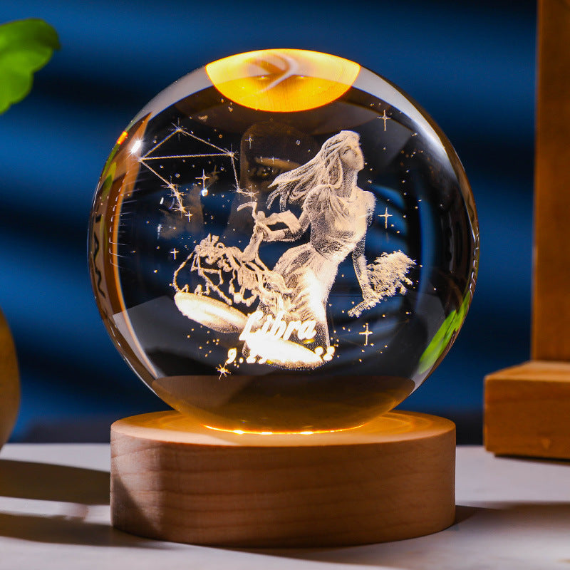 3D Constellation Crystal Ball Night Light Laser Engraved Birthday Gift Glass Sphere Home Desktop Decoration With Wooden USB Base