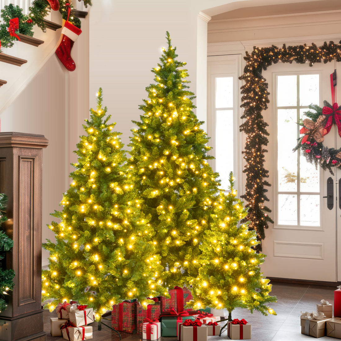 8ft, 6ft, 4ft Pre-Lit Green Pine Artificial Christmas Tree, 3 Articulated Christmas Trees With 820 Warm Yellow LED Lights & 2539 Branch Tips For Festive Decoration For Home, Office & Party