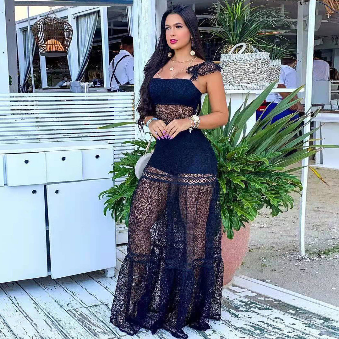 European And Beautiful Nightclub Mesh Stitching Sling Zipper Dress