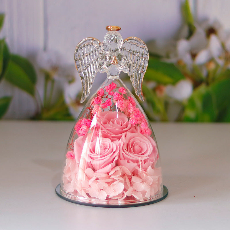 Eternal Flower Gift Box Angel Glass Cover Dried Rose Gift Box For Christmas New Year Valentine's Day Home Decor