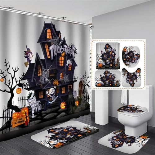 Christmas Shower Curtain Suit With Non-slip Carpet Toilet Lid And Bath Mat Snowman Shower Curtain Snowflake Decorative Cover Punch-free