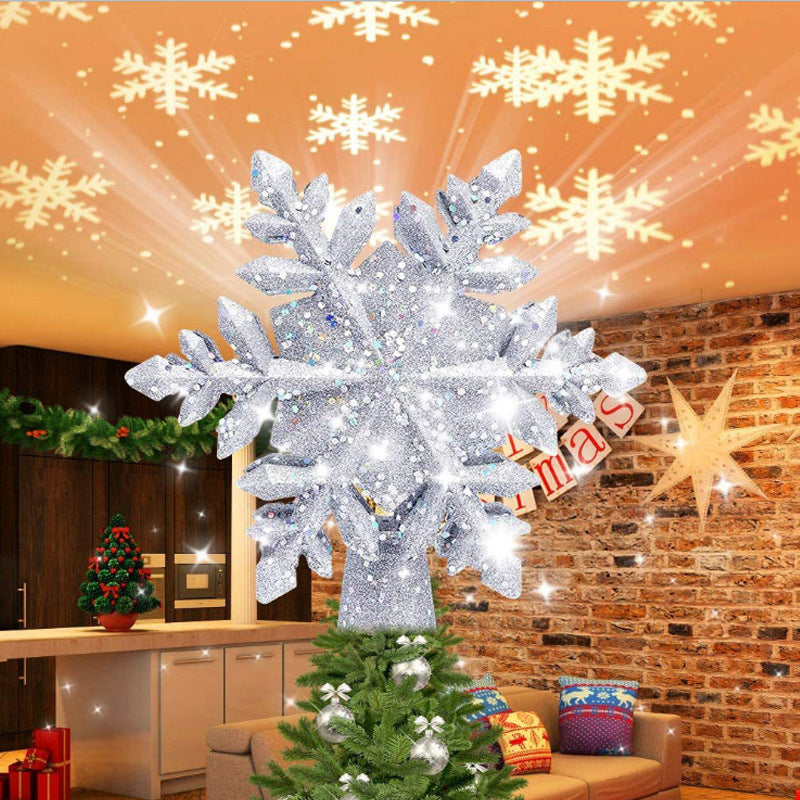 Christmas Tree Topper Star Lighted 3D Glitter Silver Snow Tree Toppers Snowflake Projector New Year Home Decoration