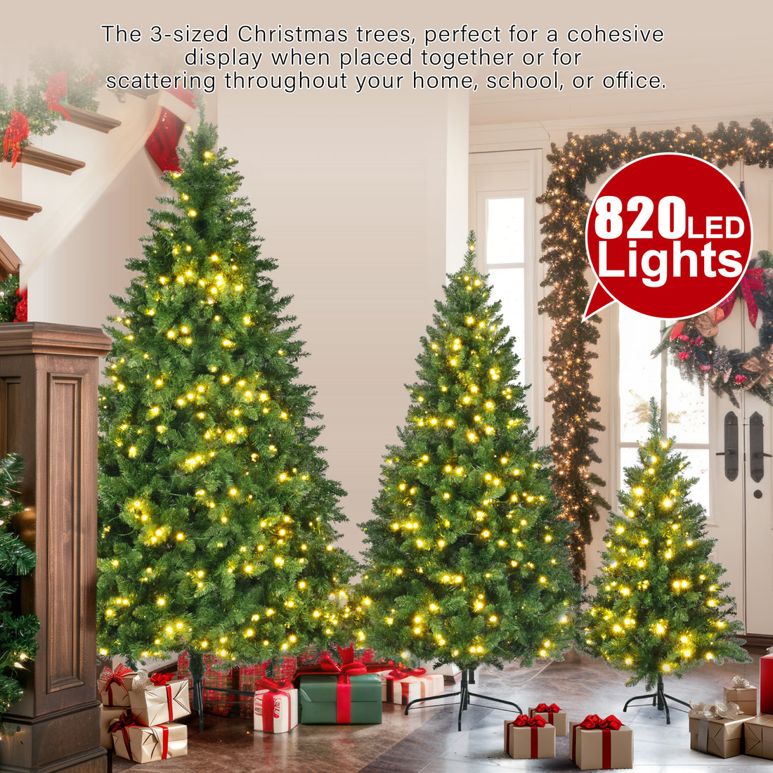 8ft, 6ft, 4ft Pre-Lit Green Pine Artificial Christmas Tree, 3 Articulated Christmas Trees With 820 Warm Yellow LED Lights & 2539 Branch Tips For Festive Decoration For Home, Office & Party