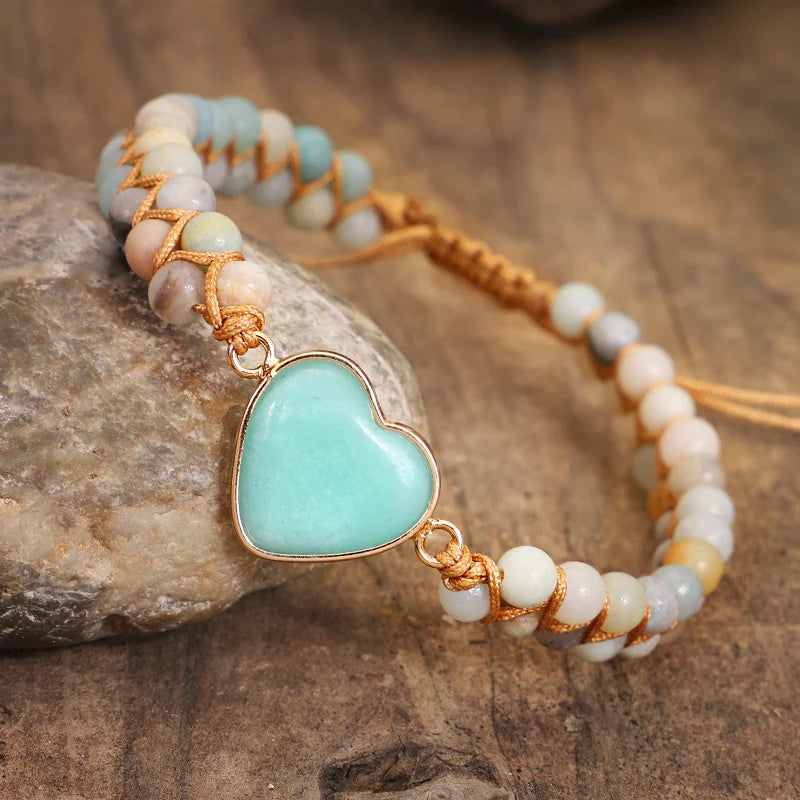 Classic Heart Shape Charm Bracelets Amazonite String Braided Macrame Wristband Teengirls Wrap Bracelet Femme Women Jewelry